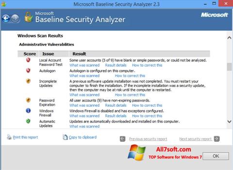 Screenshot Microsoft Baseline Security Analyzer per Windows 7
